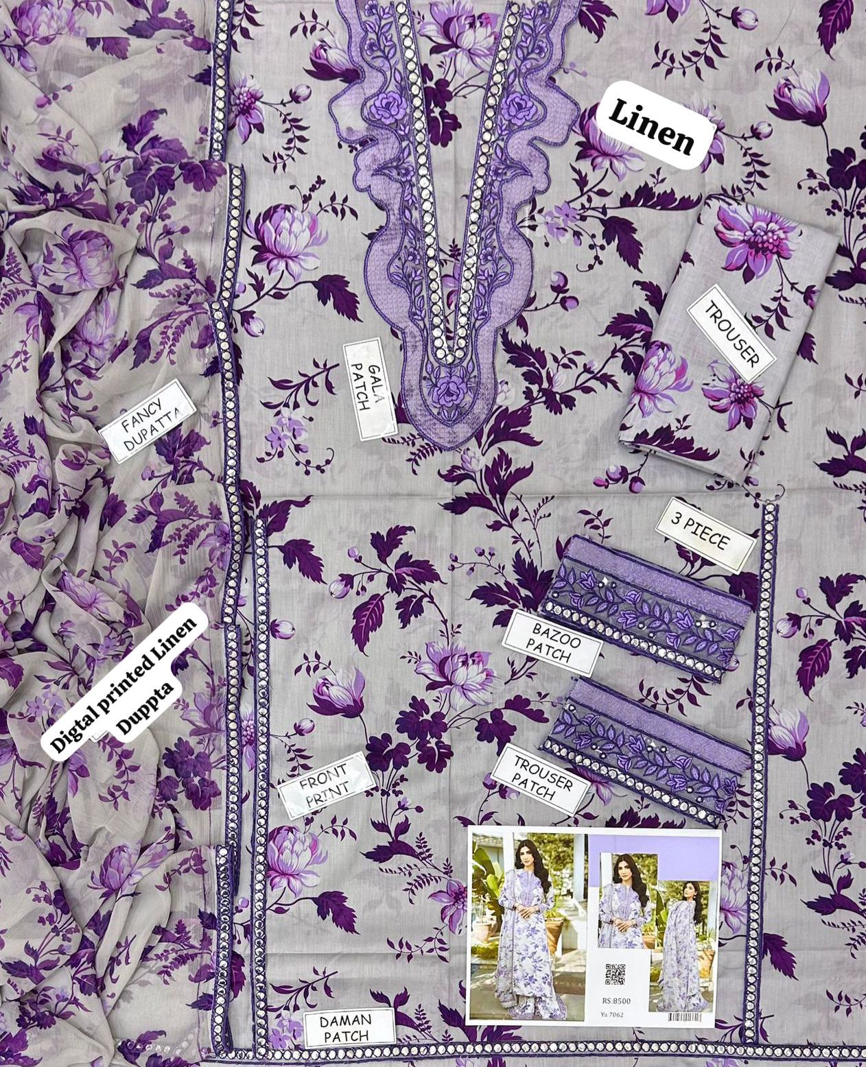 Aneela Linen Embroidered 3 Piece | AN104  | Trendy Outfits - Anu Jee.